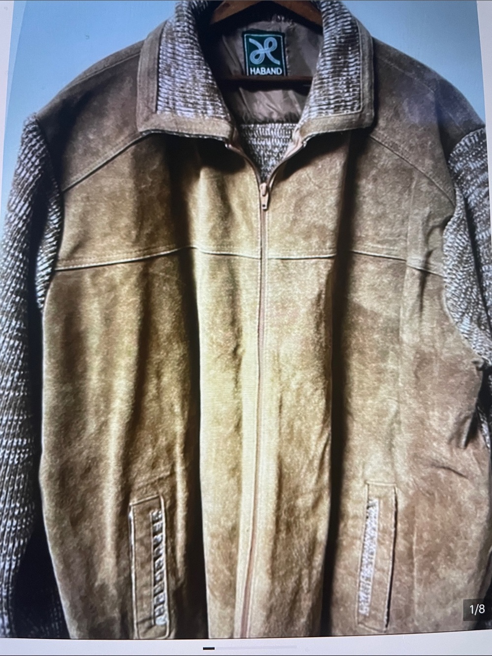 Haband Men's Tan Brown Suede Zip Jacket with Knit Sleeves & Back